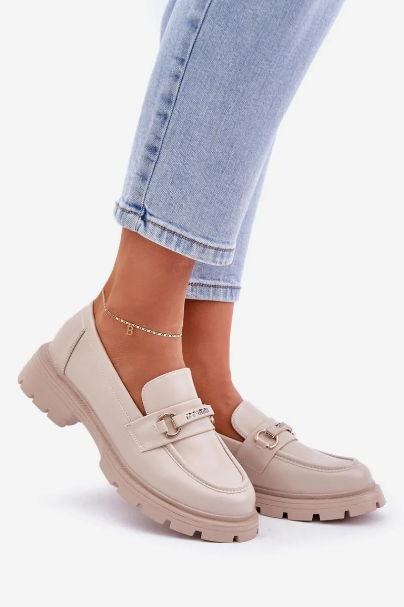 Sale Klasyczne Mokasyny Damskie Z Eko Skóry Beżowe Savethira Damskie Loafersy Damskie|Mokasyny Płaskie