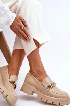 Klasyczne Mokasyny Na Masywnej Platformie Beżowe Catch Me! Damskie Mokasyny Damskie Skórzane|Mokasyny Na Platformie