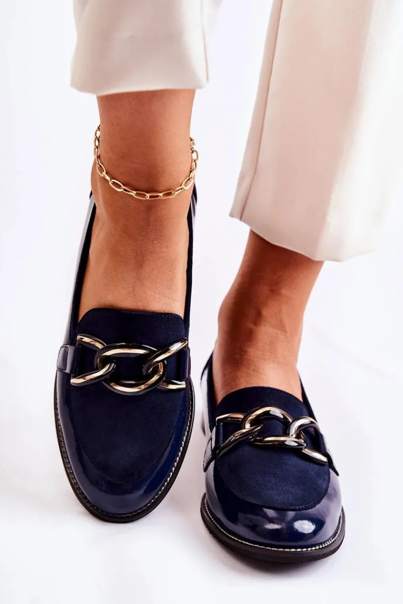 Discount Laura Messi Klasyczne Mokasyny Z Łańcuchem 2531 Granatowe