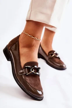 Mokasyny Damskie Lakierowane|Mokasyny Damskie Zamszowe>Laura Messi Klasyczne Mokasyny Z Łańcuchem 2531 Brązowe