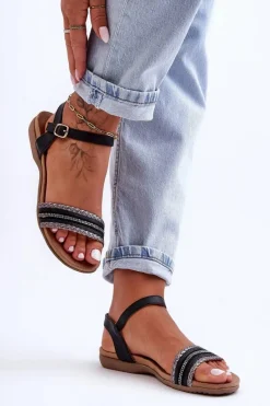 New Klasyczne Płaskie Sandały Damskie Czarne S.Barski 6708 Damskie Sandały Płaskie