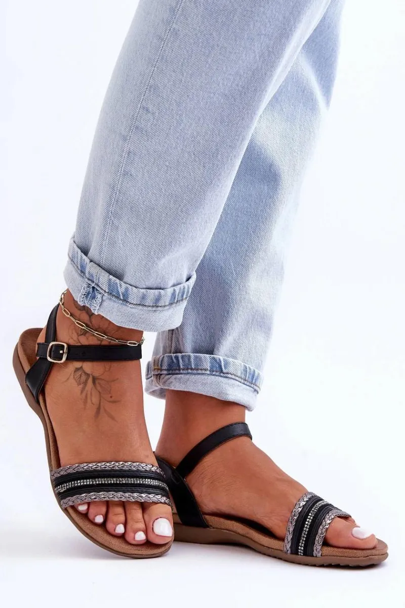 New Klasyczne Płaskie Sandały Damskie Czarne S.Barski 6708 Damskie Sandały Płaskie