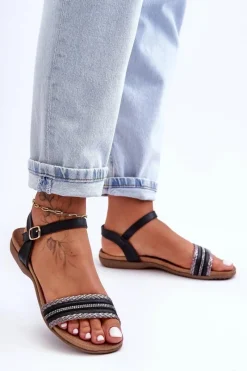 New Klasyczne Płaskie Sandały Damskie Czarne S.Barski 6708 Damskie Sandały Płaskie