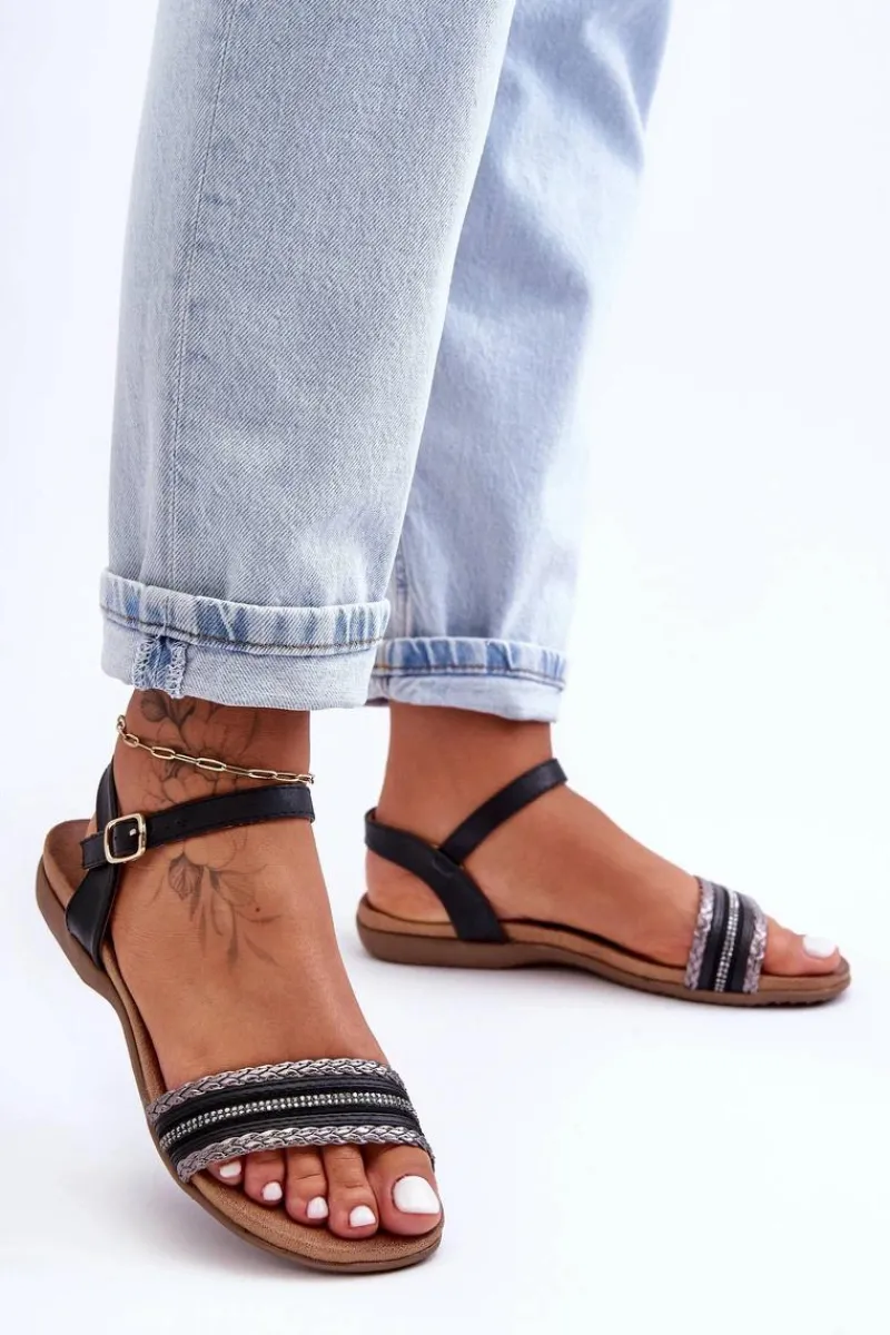 New Klasyczne Płaskie Sandały Damskie Czarne S.Barski 6708 Damskie Sandały Płaskie