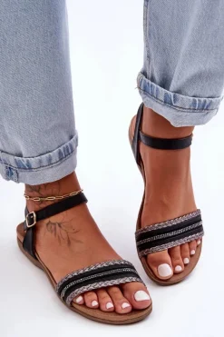 New Klasyczne Płaskie Sandały Damskie Czarne S.Barski 6708 Damskie Sandały Płaskie