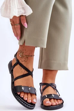 New Klasyczne Sandałki Z Ćwiekami S.Barski KV-YXD072-1 Czarne Damskie Sandały Płaskie