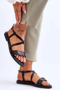 New Klasyczne Sandałki Z Ćwiekami S.Barski KV-YXD072-1 Czarne Damskie Sandały Płaskie