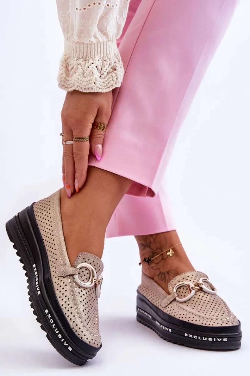 Loafersy Damskie|Mokasyny Damskie Skórzane>Damskie buty S.Barski Klasyczne Skórzane Ażurowe Mokasyny Z Ozdobą Złote Rendy