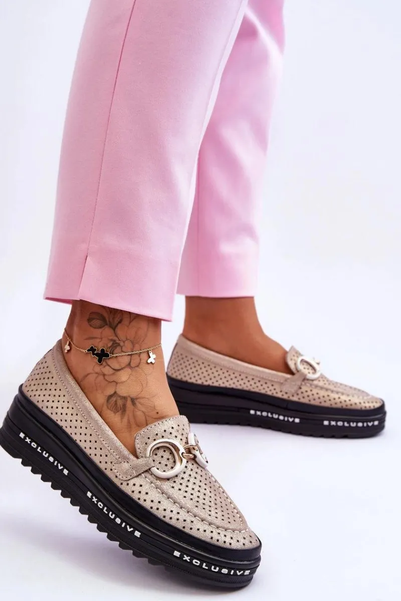 Loafersy Damskie|Mokasyny Damskie Skórzane>Damskie buty S.Barski Klasyczne Skórzane Ażurowe Mokasyny Z Ozdobą Złote Rendy