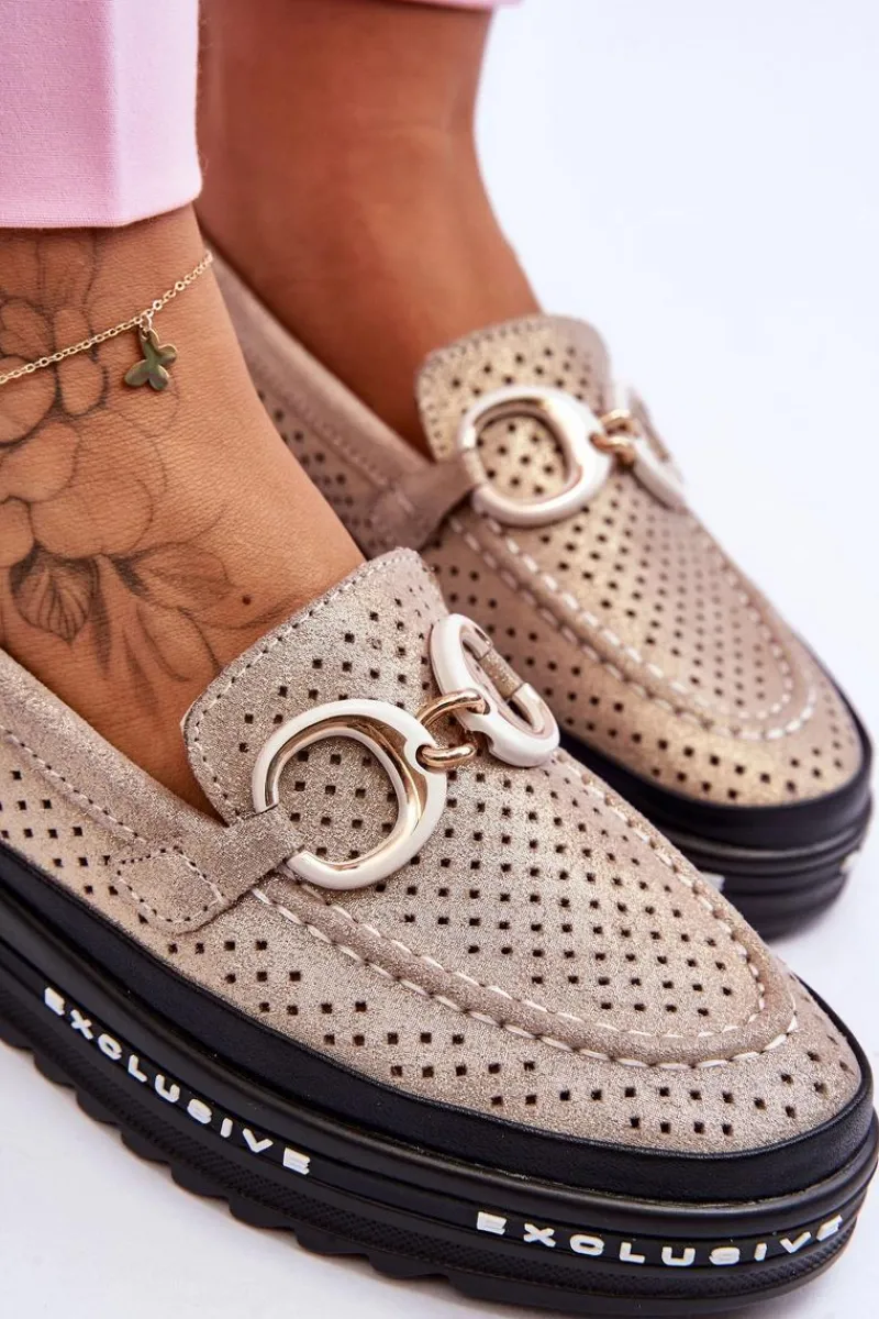 Loafersy Damskie|Mokasyny Damskie Skórzane>Damskie buty S.Barski Klasyczne Skórzane Ażurowe Mokasyny Z Ozdobą Złote Rendy