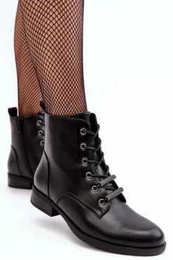 Discount Klasyczne Skórzane Damskie Ocieplane Botki S.Barski HY75-10 Czarne Damskie Botki Sznurowane|Czarne Botki