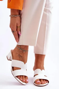 Clearance Klasyczne Skórzane Klapki Na Niskim Obcasie Białe Miley Damskie Klapki Na Obcasie|Klapki Damskie Klasyczne