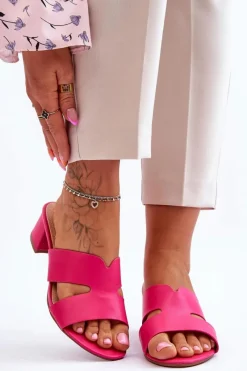 Hot Klasyczne Skórzane Klapki Na Niskim Obcasie Fuksja Miley Damskie Klapki Na Obcasie|Klapki Damskie Klasyczne