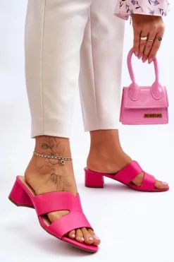 Hot Klasyczne Skórzane Klapki Na Niskim Obcasie Fuksja Miley Damskie Klapki Na Obcasie|Klapki Damskie Klasyczne