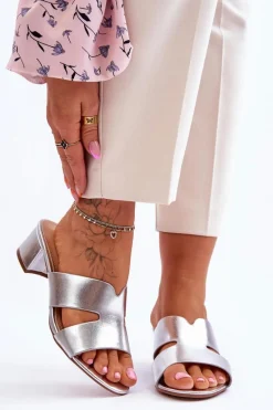 Klapki Na Obcasie|Klapki Damskie Klasyczne>Boto Klasyczne Skórzane Klapki Na Niskim Obcasie Srebrne Miley