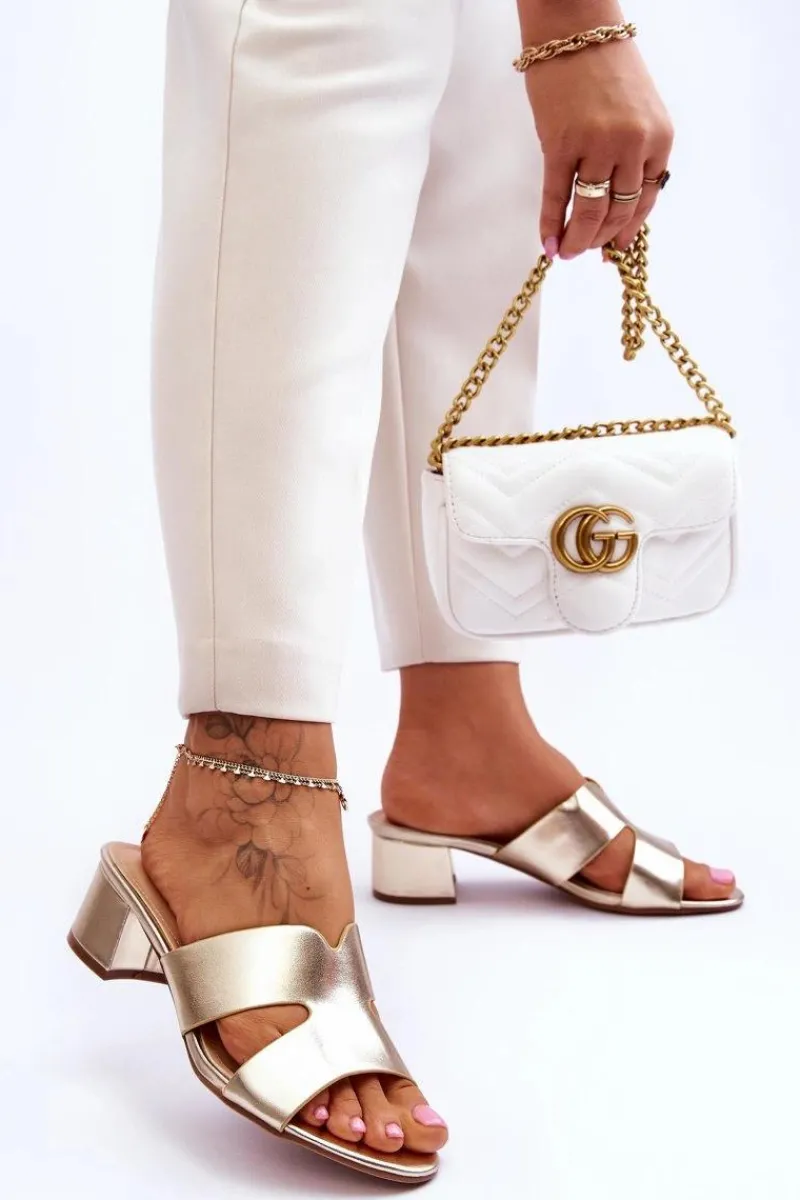 Clearance Klasyczne Skórzane Klapki Na Niskim Obcasie Złote Miley Damskie Klapki Na Obcasie|Klapki Damskie Klasyczne