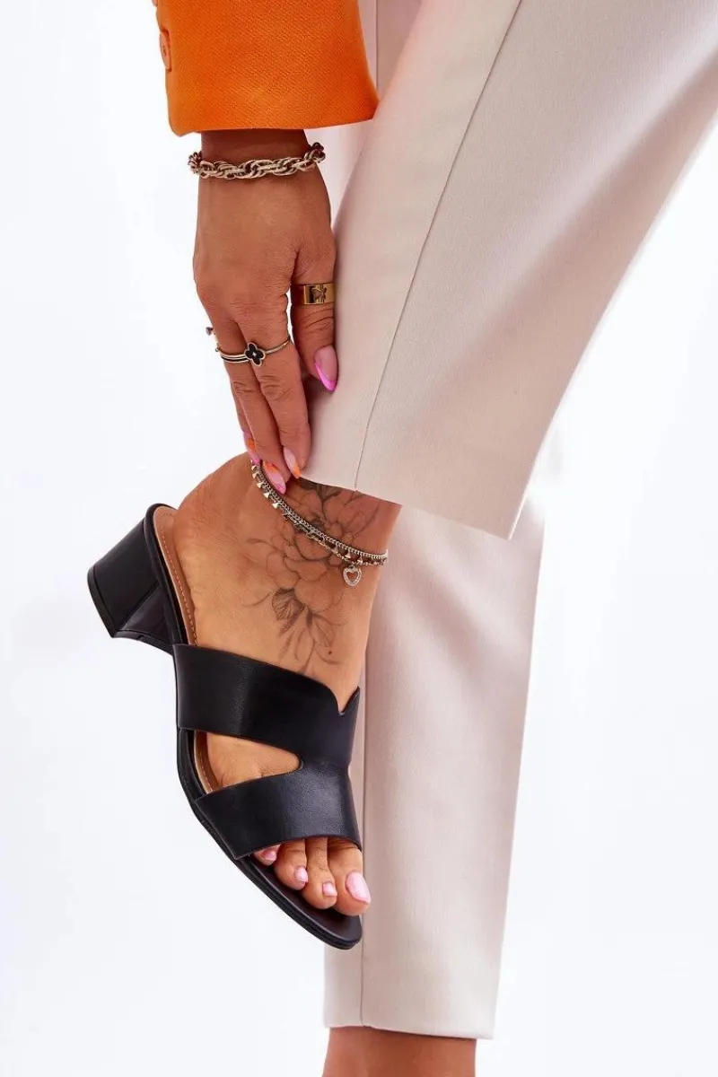 Klasyczne Skórzane Klapki Na Niskim Obcasie Czarne Miley Damskie Klapki Na Obcasie|Klapki Damskie Klasyczne