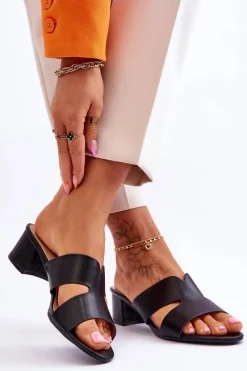 Klasyczne Skórzane Klapki Na Niskim Obcasie Czarne Miley Damskie Klapki Na Obcasie|Klapki Damskie Klasyczne