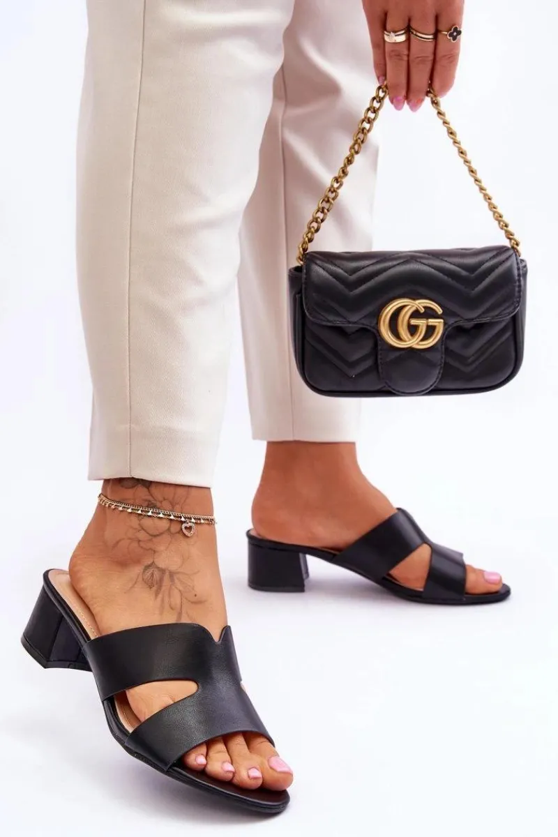 Klasyczne Skórzane Klapki Na Niskim Obcasie Czarne Miley Damskie Klapki Na Obcasie|Klapki Damskie Klasyczne