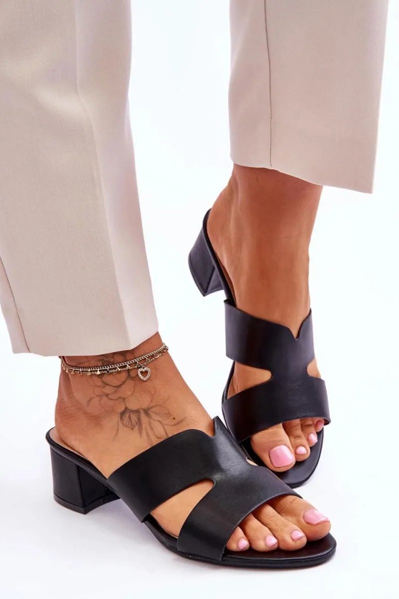 Klasyczne Skórzane Klapki Na Niskim Obcasie Czarne Miley Damskie Klapki Na Obcasie|Klapki Damskie Klasyczne