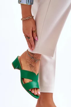 Klasyczne Skórzane Klapki Na Niskim Obcasie Zielone Miley Damskie Klapki Na Obcasie|Klapki Damskie Klasyczne