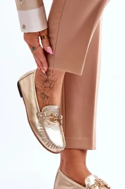 Mokasyny Damskie Skórzane>Laura Messi Klasyczne Skórzane Mokasyny Z Ozdobą 2459 Złote