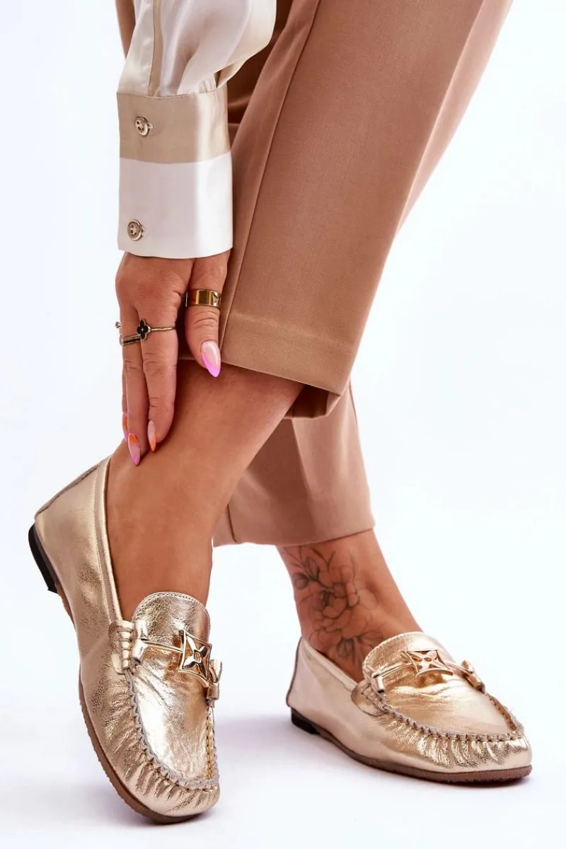 Mokasyny Damskie Skórzane>Laura Messi Klasyczne Skórzane Mokasyny Z Ozdobą 2459 Złote