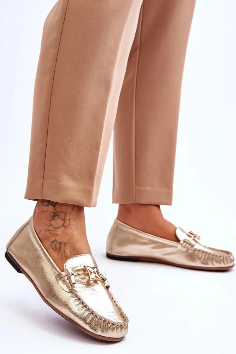 Mokasyny Damskie Skórzane>Laura Messi Klasyczne Skórzane Mokasyny Z Ozdobą 2459 Złote