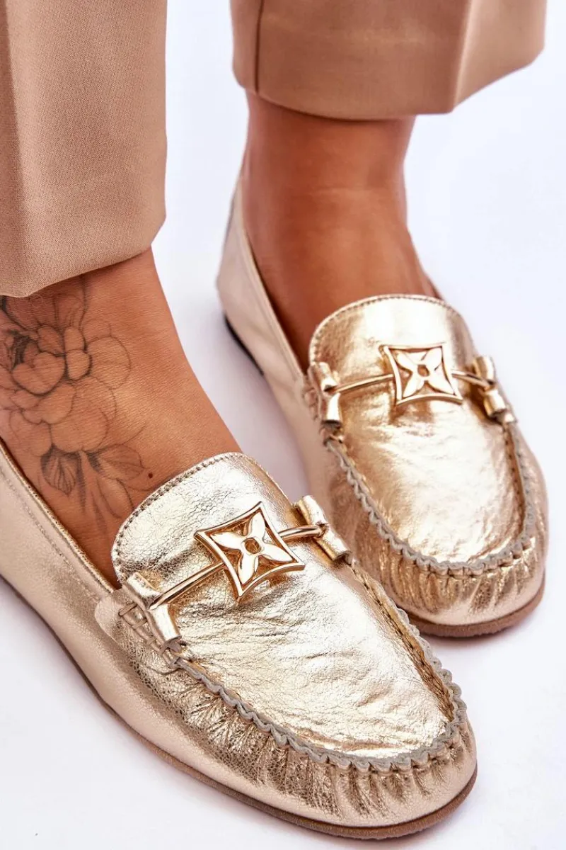 Mokasyny Damskie Skórzane>Laura Messi Klasyczne Skórzane Mokasyny Z Ozdobą 2459 Złote