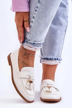 New Boto Klasyczne Skórzane Mokasyny Z Frędzlami Białe Camis