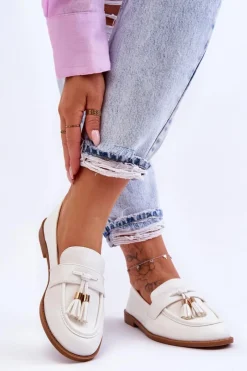 New Boto Klasyczne Skórzane Mokasyny Z Frędzlami Białe Camis