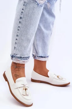 New Boto Klasyczne Skórzane Mokasyny Z Frędzlami Białe Camis