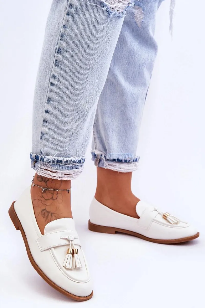 New Boto Klasyczne Skórzane Mokasyny Z Frędzlami Białe Camis