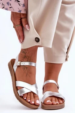 Best Klasyczne Skórzane Sandały Damskie Srebrne Talisma Damskie Sandały Płaskie