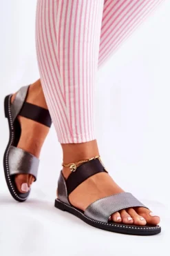 Outlet Damskie buty S.Barski Klasyczne Skórzane Sandały Z Ćwiekami Ciemnosrebrne Shelly