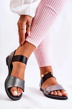 Outlet Damskie buty S.Barski Klasyczne Skórzane Sandały Z Ćwiekami Ciemnosrebrne Shelly