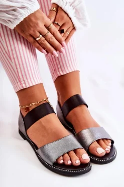 Outlet Damskie buty S.Barski Klasyczne Skórzane Sandały Z Ćwiekami Ciemnosrebrne Shelly