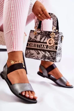 Outlet Damskie buty S.Barski Klasyczne Skórzane Sandały Z Ćwiekami Ciemnosrebrne Shelly