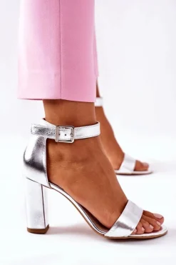 Sandały Na Obcasie>Laura Messi Klasyczne Skórzane Sandały Na Słupku 1760 Srebrne