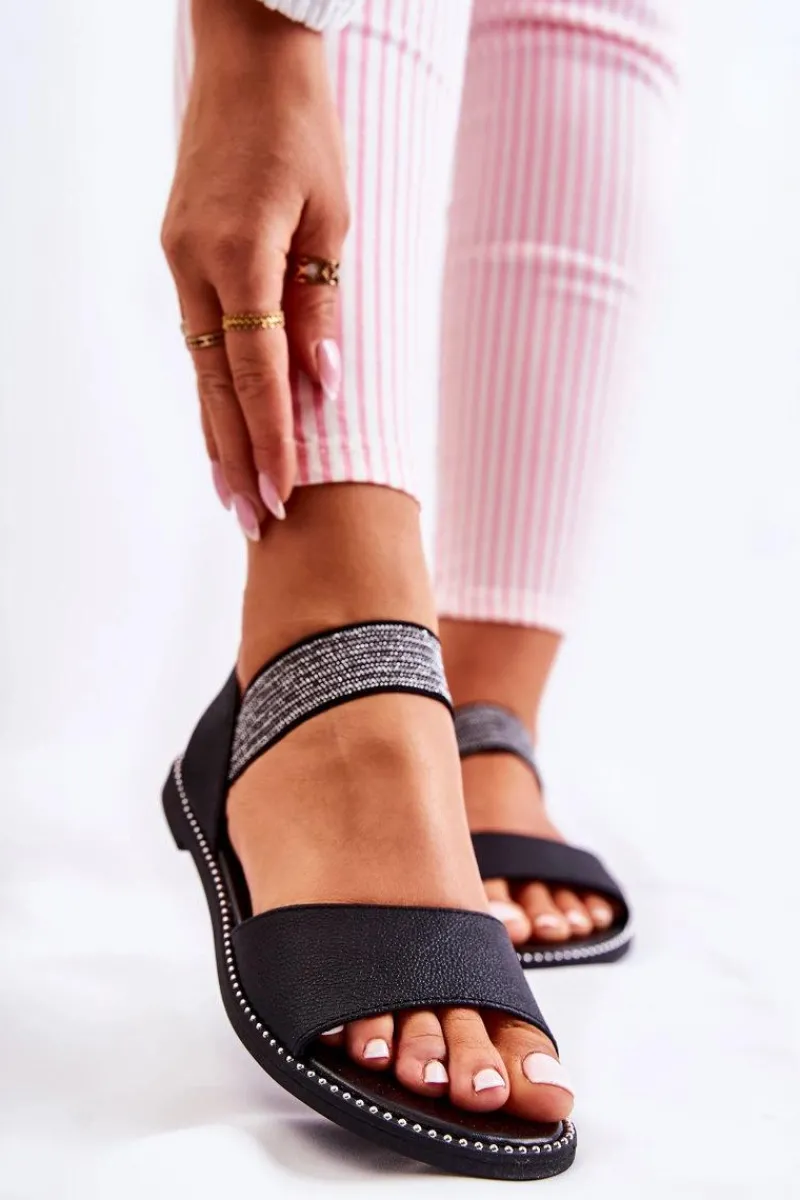 Dziewczęce|Sandały Płaskie>Damskie buty S.Barski Klasyczne Skórzane Sandały Z Ćwiekami Czarne Shelly Czarny