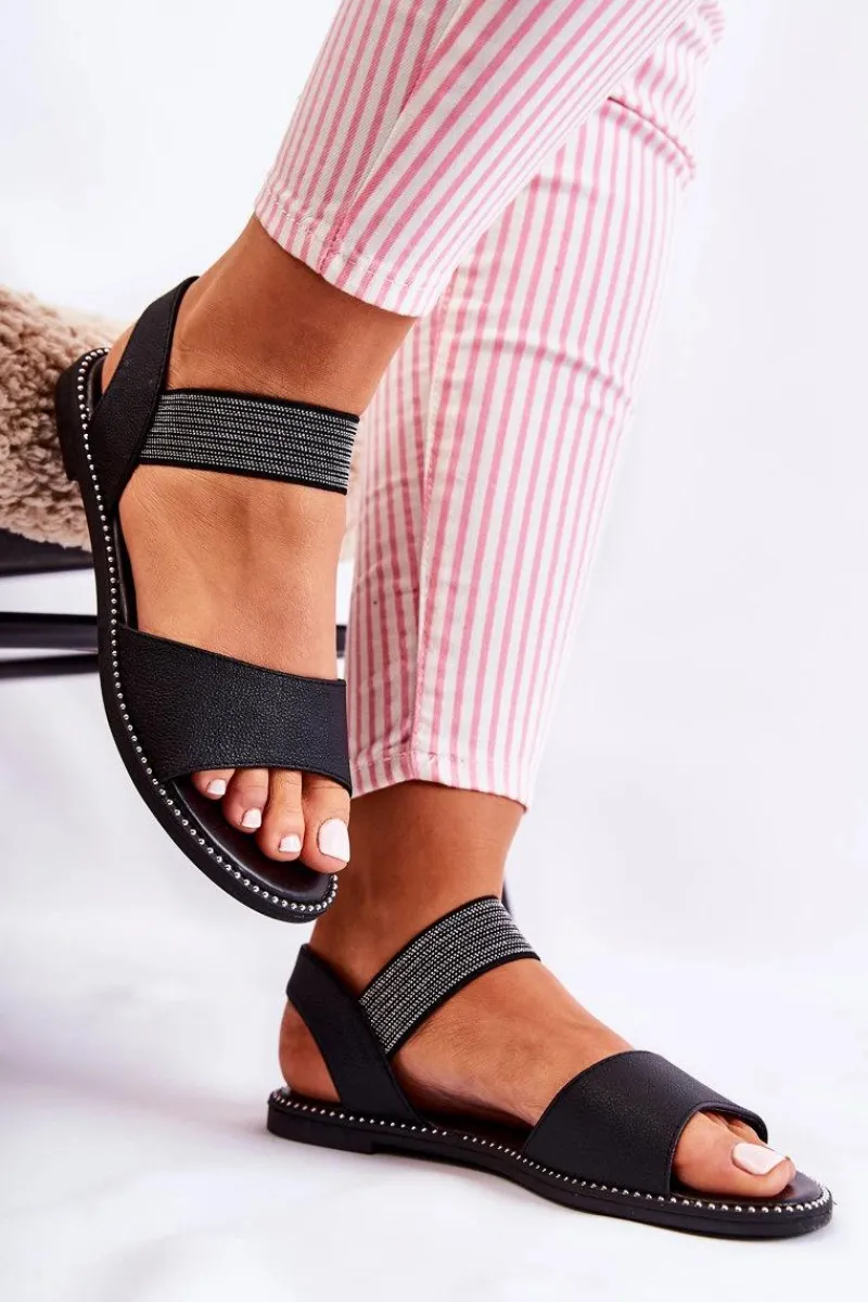 Dziewczęce|Sandały Płaskie>Damskie buty S.Barski Klasyczne Skórzane Sandały Z Ćwiekami Czarne Shelly Czarny