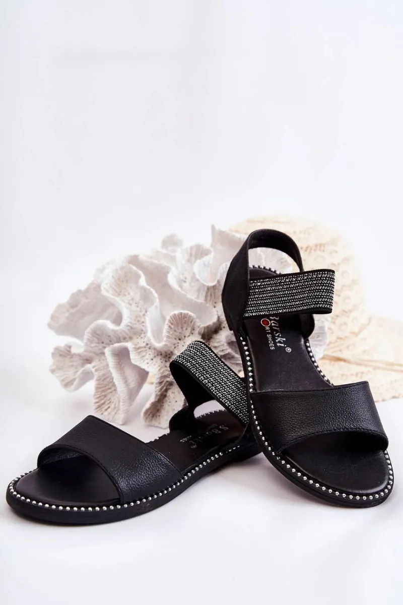 Dziewczęce|Sandały Płaskie>Damskie buty S.Barski Klasyczne Skórzane Sandały Z Ćwiekami Czarne Shelly Czarny