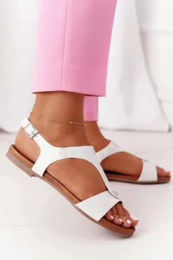 Sandały Płaskie></noscript>Damskie buty S.Barski Klasyczne Skórzane Sandały S.Barski 541-8 Srebrne