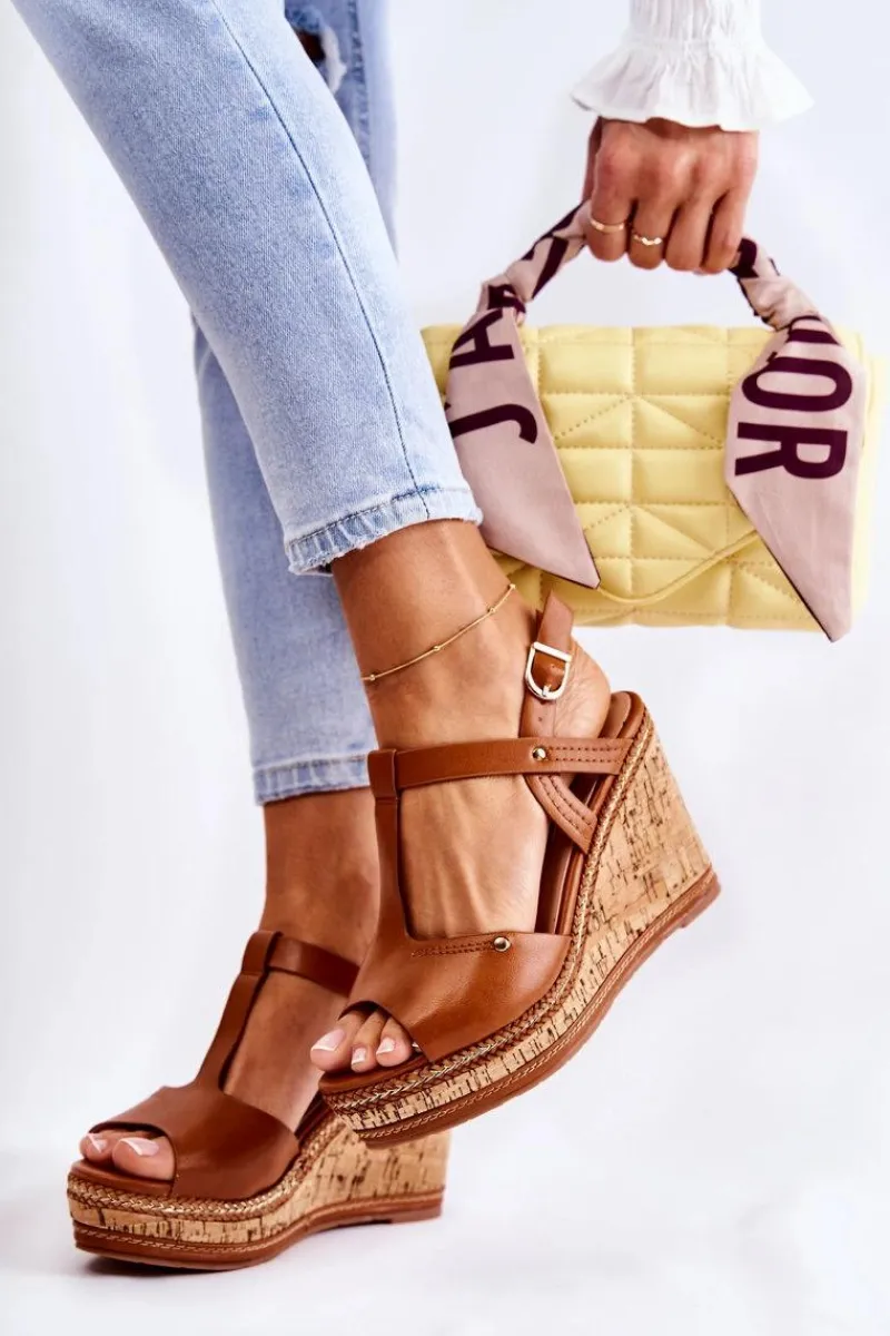 Clearance Boto Klasyczne Skórzane Sandały Na Koturnie Brązowe Valorin