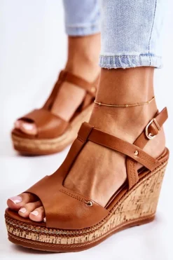 Clearance Boto Klasyczne Skórzane Sandały Na Koturnie Brązowe Valorin