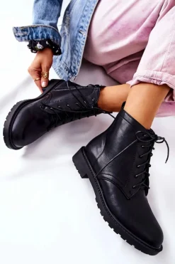 Clearance Klasyczne Skórzane Wiązane Botki Czarne Melome Damskie Czarne Botki|Botki Zimowe Damskie