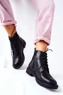 Clearance Klasyczne Skórzane Wiązane Botki Czarne Melome Damskie Czarne Botki|Botki Zimowe Damskie