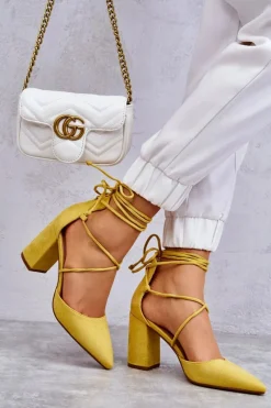 Clearance Klasyczne Wiązane Zamszowe Czółenka Żółte Lucira Damskie Czółenka Zamszowe|Czółenka Na Słupku