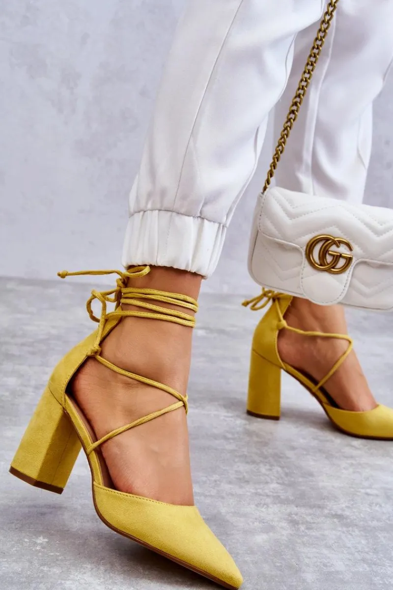 Clearance Klasyczne Wiązane Zamszowe Czółenka Żółte Lucira Damskie Czółenka Zamszowe|Czółenka Na Słupku