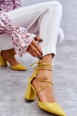 Clearance Klasyczne Wiązane Zamszowe Czółenka Żółte Lucira Damskie Czółenka Zamszowe|Czółenka Na Słupku